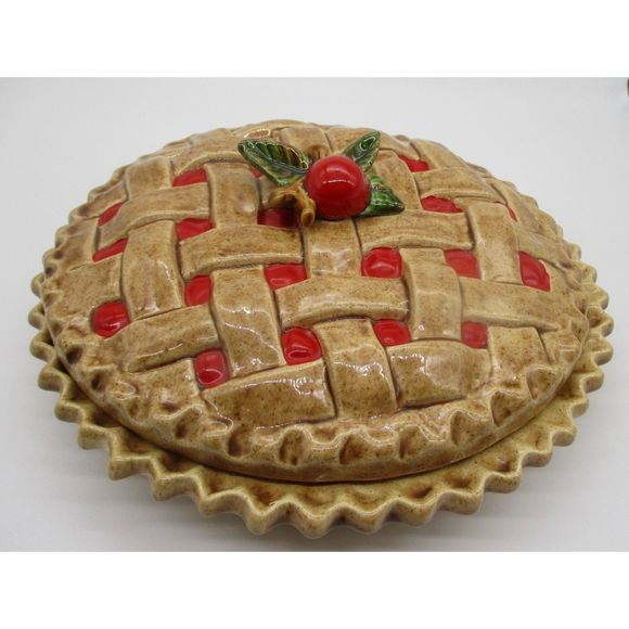 Vintage Cherry Pie Dish Lattice Cover Ceramic Kitchen Display Dessert - Picture 4 of 4